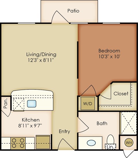 Floor plan for studio, 1 bath, 517 sqft